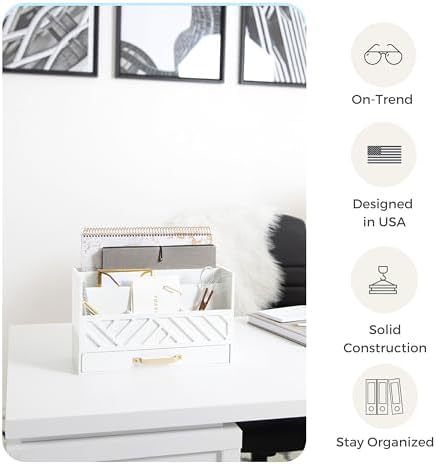 BLU MONACO | White Wooden Desk Organizer & Mail Organizer with Drawer & Gold Handle | Mail Sorter Countertop | 6 Compartments | White Desktop Organizer for Desk - Image 4