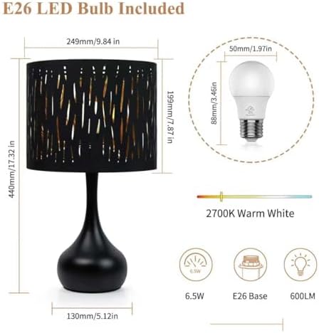 ONEWISH Touch Bedside Lamp for Bedroom, 3-Way Dimmable Table Lamps for Nightstand, Black Cutout Shade with Gold Lining Desk Lamp for Living Room, End Tables, LED Bulb Included - Image 7