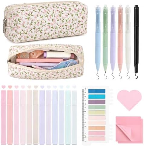 22Pcs Book Annotation Kit Aesthetic Pencil Case with Supplies School Annotation Supplies Gel Pen Transparent Sticky Note Taking Bible Study College Stationery Supplie (Pink Floral) by AILEAM