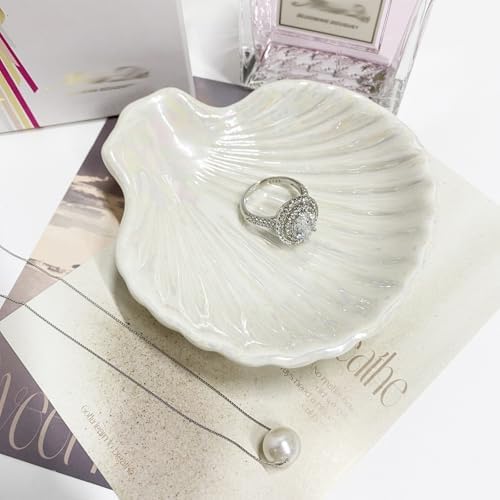 Ring Dish Shell Shape Ceramic Jewelry Dish Tray, Decorative Trinket Dish Organizing Rings Earrings Necklaces Keys, Mothers Day Christmas Birthday Gifts for Women, 3.9", White Iridescent Surface - Image 4