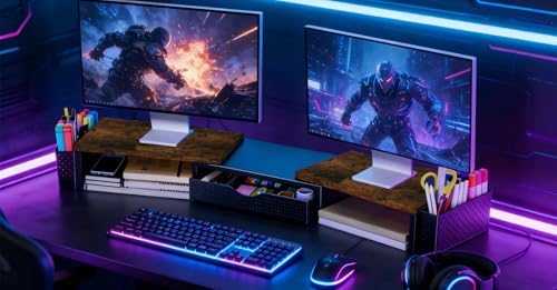 Spacrea Wood Dual Monitor Stand Riser with Drawer and 2 Pen Holders - Image 7
