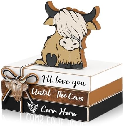 Yookeer 4 Pcs Highland Cow Tiered Tray Decor Mini Wooden Book Stacks by Yookeer
