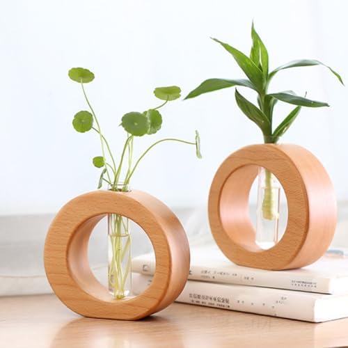 FUOYLOO Glass Vase with Wooden Stand, Mini Hydroponic Propagation Terrarium Container, Beech Wood Tabletop Planter for Home Décor and Living Room Display - Image 4