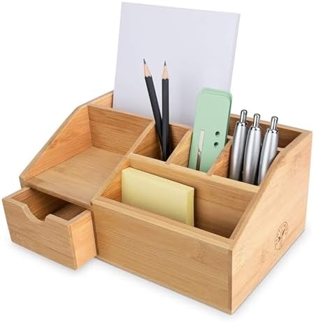 FLYGRUBS Thingles Bamboo Desk Organizer, Wood Pen Holder with Drawer, Storage Box, Pencil Box, Desk Tray for Office, Home Office - Wood Desk Organizer by Unknown