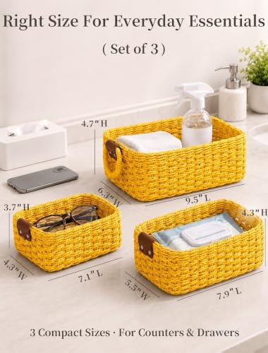 Small Wicker Baskets, 3 PCS Paper Rope Baskets for Shelves, Yellow - Image 2