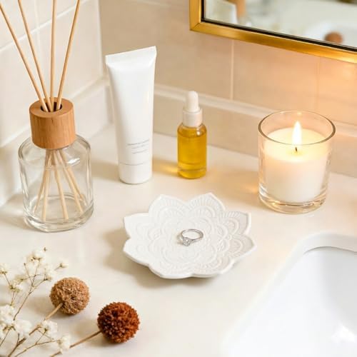 PUDDING CABIN White Mandala Jewelry Dish | 4.3-Inch Boho Home Decor | Ceramic Ring Dish Trinket Tray for Rings & Earrings | Wedding & Bridal Shower Mother Day Birthday Gift for Women - Image 6