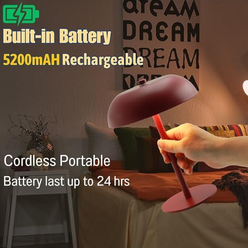 2 Pack Cordless Mushroom Table Lamp, Rechargeable, Dimmable 3 Color, Red - Image 2