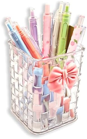 Pen Holder for Desk Cute Acrylic Makeup Brush Holder, Woven Texture with Bow Decor, Desk Stationery Desktop Caddy Cosmetic Accessories for Office, Home, School, Kitchen - Clear White by cgllwnmix