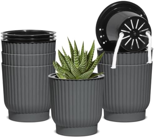T4U Self Watering Pots for Indoor Plants, 4 Inch 6 Pack Planter Gray by T4U