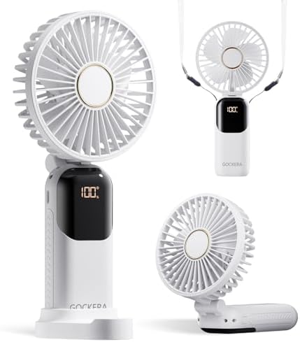 GOCKERA Portable Fan, 4200mAh Battery Operated Fan, 5 Speeds&Digital Display, Makeup Fans for Women with Base, 180°Foldable 3in1 Handheld/Neck/Desk Fan for Outdoor Indoor,Ultra Quiet (White) by GOCKERA