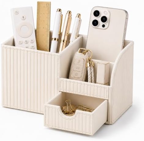 KINGFOM Luxury PU Leather Desk Organizer with Drawer, Modern Aesthetic Office Desk Accessories for Women, Multi-Compartment Pen Holder & Desktop Storage Organizer for Home Office, Cream White by KingfomLeatherHomeOfficeDecor