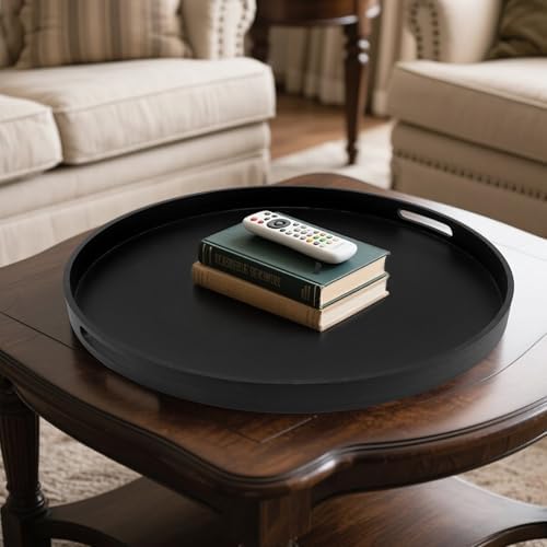 19.6" Extra Large Round Wooden Decorative Tray with Handles,Black - Image 4