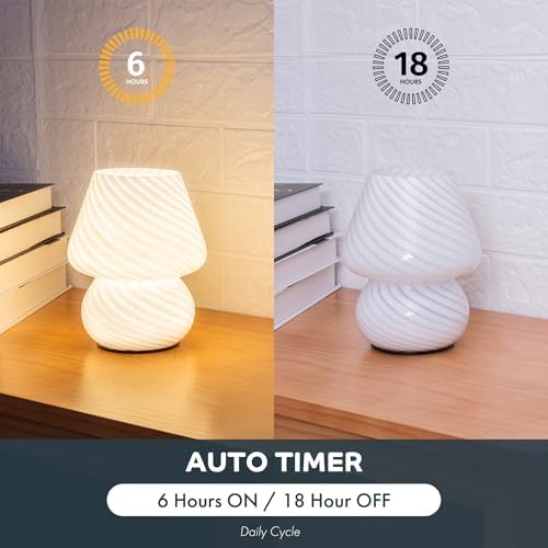 ULAROOM Battery Operated Mushroom Lamp - Vintage Small Table Lamp with Timer, Cordless Bedside Nightstand Lamp, Glass Battery Powered Lamp for Bedroom Kitchen Living Room Shelf Decor Aesthetic White - Image 5