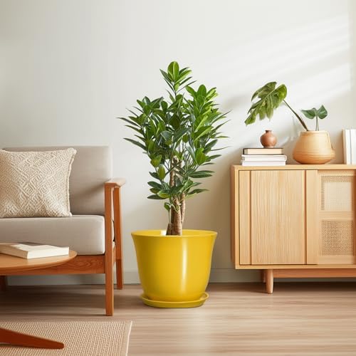 12 Inch Plant Pot - Ceramic Plant Pots with Drainage Hole and Saucer, Large Round Planter for Indoor Outdoor, Modern Flower Pot, Decorative Planters, Home Garden Decor, Garden Gifts, Yellow - Image 7