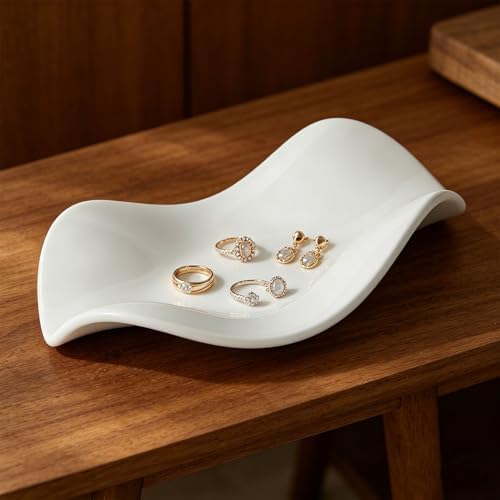 SUNGOOYUE Ceramic Jewelry Tray, Minimalist Vanity Organizer Ring Holder Small Catch All Dish for Earrings Keys, for Bedroom Entryway Table Home Decor (White) - Image 2