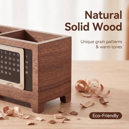 Wooden Desk Organizer with Perpetual Calendar, Multi-Compartment Pen Holder, Office Desk Storage Box for Pens, Phone, Stationery & Small Accessories - Image 4
