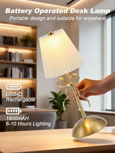 Cordless Table Lamp, Small Gold Bow Night Light, LED Rechargeable - Image 6