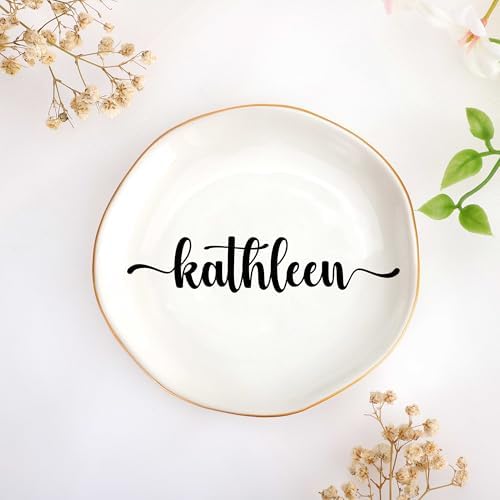 JoycuFF Kathleen Personalized Name Ceramic Jewelry Tray, Mothers Day Christmas Anniversary Engagement Birthday Gifts for Women Couples, Trinket Dish for Rings Earrings Necklaces Bracelets Keys by Joycuff
