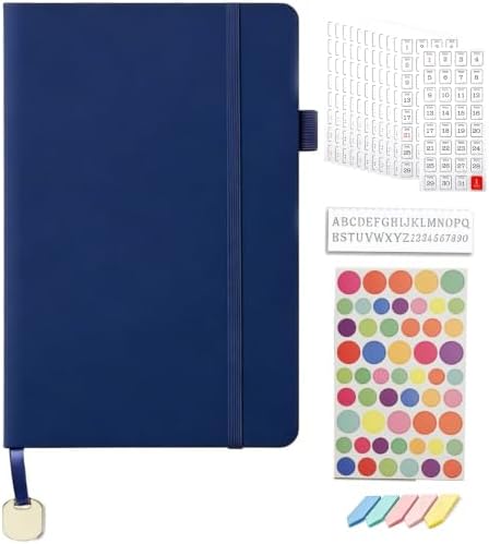 A5 Dotted Journal Starter Kit with Stencils and Stickers, Hardcover Dot Grid Notebook with 120 GSM Paper, Index Tabs and Date Stickers for Journaling, Study and Work,Dark Blue by Unknown