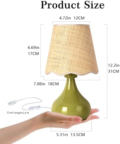 Ziqqeelam Green Cute Small Boho Table Lamp for Bedroom Bedside, Green Lamps for Nightstand, Scalloped Rattan Shade Table Lamps for Small Spaces for Bedroom, Home Office, Living Room, Kids Dorm - Image 2