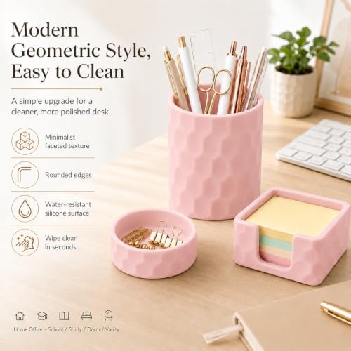 Aesthetic Geometric Silicone Desk Organizer Set of 3,Modern Office Desk Accessories with Round Pen Holder,Paperclip Tray,Sticky Note Holder,Stylish Functional Desk Decor for Home Office(Pink) - Image 2
