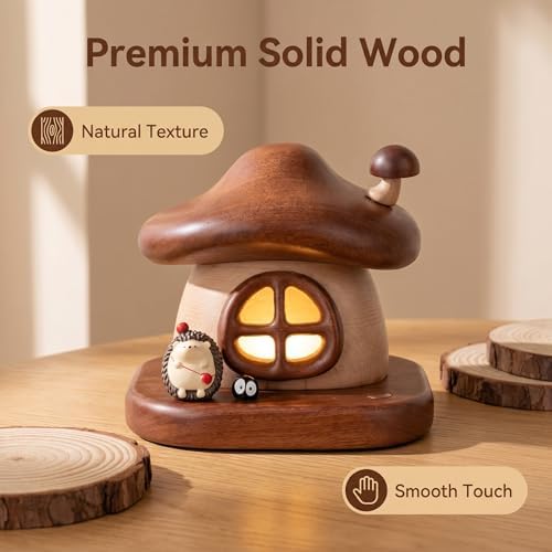 LONRISWAY Cordless Wood Mushroom Lamp, Small Battery Operated Wooden Table Lamp Portable Night Light, 3-Color Touch Control Wireless Stepless Dimming for Bedroom Nightstand for Birthday Gifts - Image 2