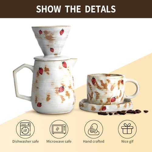 Handcrafted Pour Over Coffee Maker Set with Coffee Cup with Strawberry Pattern 20 Count Paper Filter V60 Drip Coffee Maker 20 oz Coffee Dripper (Strawberry) - Image 6