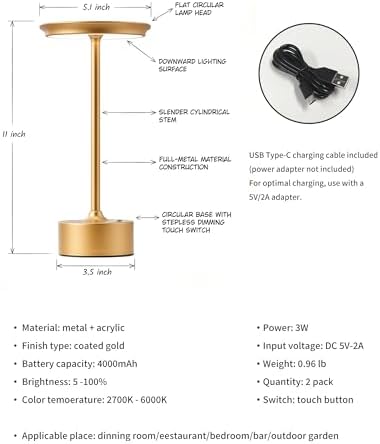 PUSU Rechargeable Table Lamps Set of 2, Gold Cordless Portable Desk Lamp - Image 6