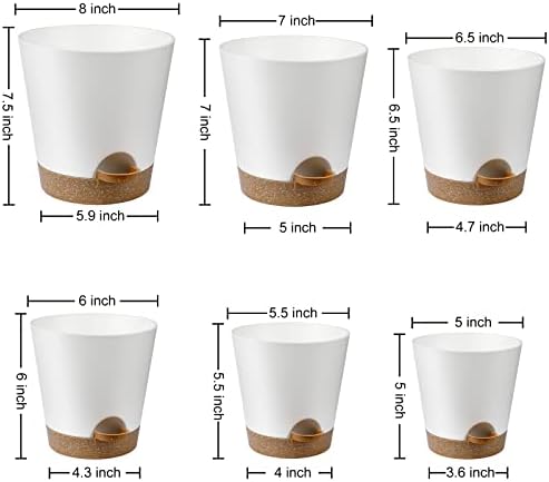 YNNICO Indoor Self Watering Planters with Drainage Holes and Saucers, 8, 7, 6.5, 6, 5.5, 5 Inches, White, 6 Pots (Pack of 2) - Image 4