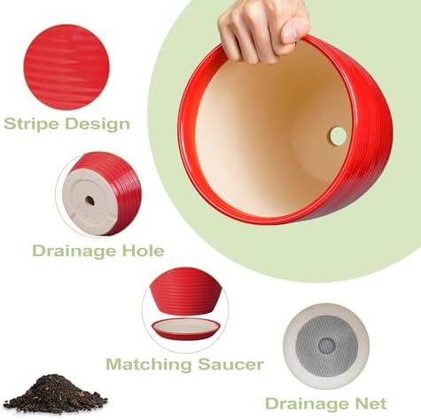 Ceramic Pot for Plants - 8 Inch Plant Pot for Indoor Plants Outdoor Round Planter Modern Flower Pot with Drainage Hole and Saucer Home Garden Office Porch Decor Red - Image 5