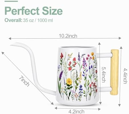 Watering Can Indoor Plants, 35 oz/1000 ml Metal Stainless Steel Watering Can Pot with Long Spout for Indoor House Plants Bonsai Outdoor Garden Flower Decorative White Flowers - Image 2