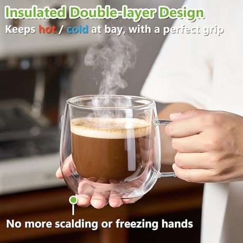 4 Pack Double Walled Glass Coffee Mugs, 16 oz Large Insulated Clear Coffee Cups with Handle, Cappuccino Mug for Espresso, Latte, Americano, Tea Bag, Beverage, Heat & Cold Resistant - Image 4