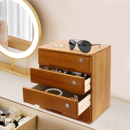 4-Tier Desktop Storage Box with Lockable Drawer, Wooden Desk Organizer for Office Supplies, Flat File Cabinet, Minimalist Design for Home & Office Use(Wooden+Yellow) - Image 4