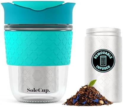 Travel Mug Loose Tea Infuser - Detachable Tea Strainer with Spillproof Lid - BPA-Free Reusable Glass Travel Coffee Cup with Silicone Band (Blue, 12oz) by SoleCup