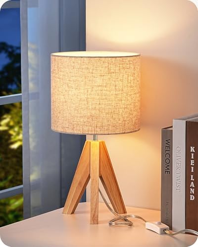 EDISHINE Small Table Lamp, Boho Bedside Lamp, Linen Fabric Shade, 14.2 Inch by EDISHINE