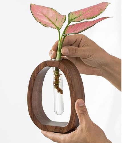 Solid Wood Hydroponic Vase with Glass Tube, Handmade Wooden Plant Propagation Station, Minimalist Desktop Water Planter for Home and Office Décor - Image 2