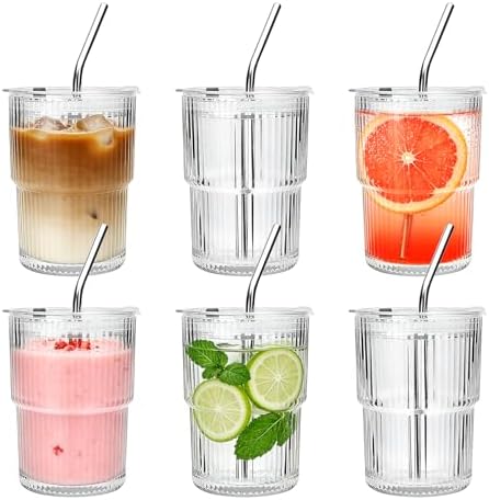 6 Pack 13oz Ribbed Glass Tumbler with Lid and Straw by Woaiwo-q