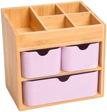 Bamboo Makeup Organizer with 3 Pink Drawers by Ninebendstreams