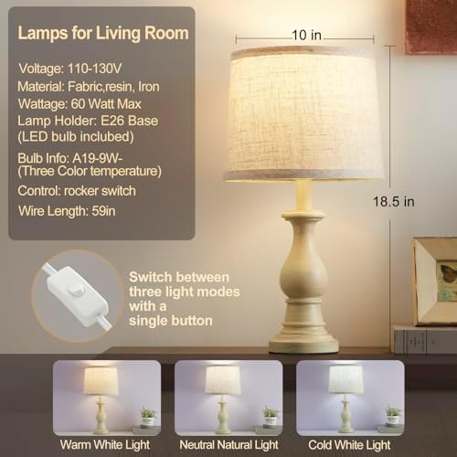 Table Lamps Set of 2, 18.5" Vintage Bedside Lamps for Bedroom Living Room - Image 2