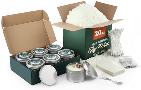 Hearth & Harbor 20 lbs. Soy Candle Wax with Supplies, 4 oz. 24 Pack & 8 oz. 36 Pack Tin Jars with Lids, Cotton Candle Wicks, Wick Stickers and Centering Devices – Candle Making Flakes with Containers by HearthHarbor