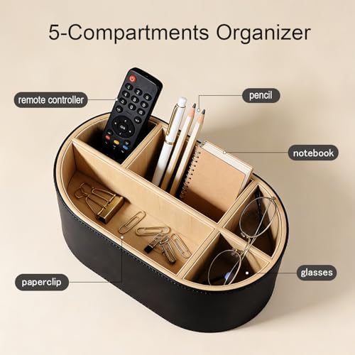 KINGFOM PU Leather Desk Organizer with Multi Compartments, Desktop Caddy Holder for Remote Controls, Pens, Makeup Brushes, Office Accessories (Black) - Image 2