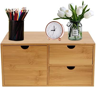 Bamboo Desk Organizer Small Retro Bamboo Tabletop Storage Box with Drawers& Recess Handles for Office Home Supplies Table Storage Collector 13 * 7.5 * 6in (3 Drawers/1 Left&2 Right) by DOONARCES