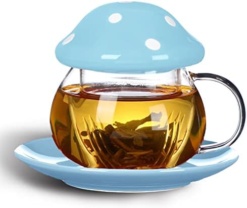 Mushroom Cup Cute Glass Tea Cup with Infuser and Lid Kawaii Mushroom Mug Set Coffee Teapot with Ceramic Coasters 11oz (Blue) by Aboyer-Lifestyle