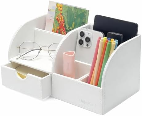 UnionBasic Desk Organizer - Multifunctional Leather Desktop Pen Holder Storage Box - Business Card/Pen/Pencil/Mobile Phone/Stationery Holder, White by UnionBasic