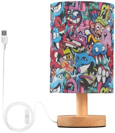 Graffiti Art Colorful Monster Cool Table Lamp for Bedroom USB Port Lamps Small Accent Table Lamp Nightstand Lamp Sturdy Linen Shade Wooden Base Decorative Lamps for Bedside Reading|Kids|Dorm|Home by Fustylead