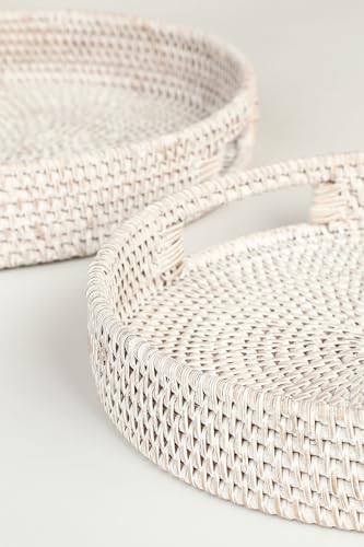 HITOMEN 11.8" Hand-Woven Round Rattan Serving Tray Decorative Wicker Trays with Handles for Coffee Table (Whitewash-M) - Image 5
