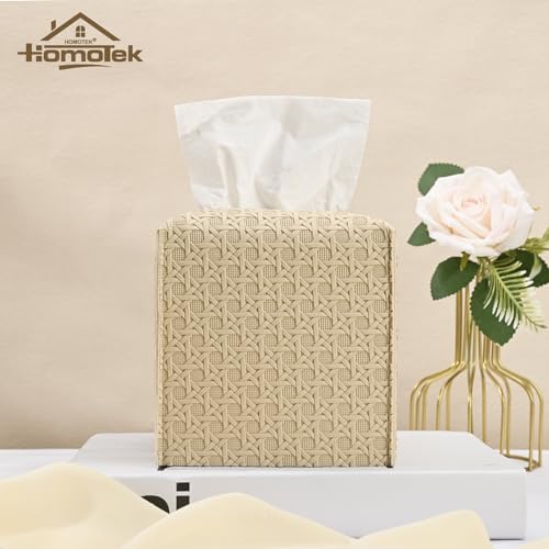 HOMOTEK 1 Pack Tissue Box Cover, Square PU Leather Tissue Holder, Decorative Facial Tissue Cube Paper Organizer Dispenser for Bathroom, Night Stands, Desk, Car 5X5X5'' - Rattan Weave, Beige - Image 4
