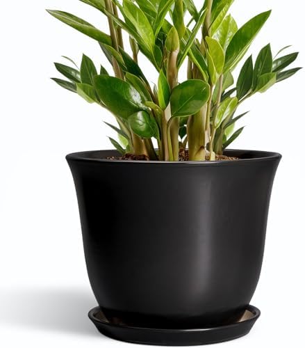 Ceramic Pots for Plants - 10 Inch Plant Pot with Drainage Hole and Tray, Large Round Planter for Indoor Outdoor, Morden Decorative Flower Pots, Living Room Decor, Gardening Gifts, Black by SUNPOTFOR