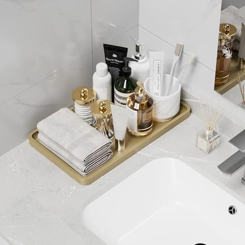 Weenson Gold Bathroom Vanity Tray for Countertop Decor Perfume Makeup Toiletries Toilet Tank, Large Bamboo Kitchen Tray for Spice Salt, Serving Tray for Food Coffee, Nightstand Candle 14.2”x8.3” - Image 2