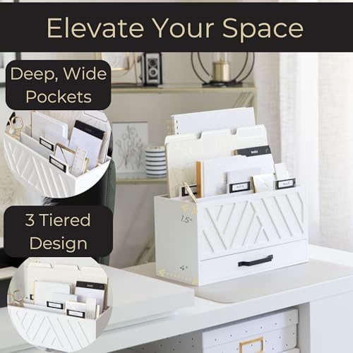 BLU MONACO | Wooden Mail Organizer with Drawer and Gold Labels | Mail Sorter Organizer Countertop for Desk | Paper and Letter Sorter for Office Storage - Image 3